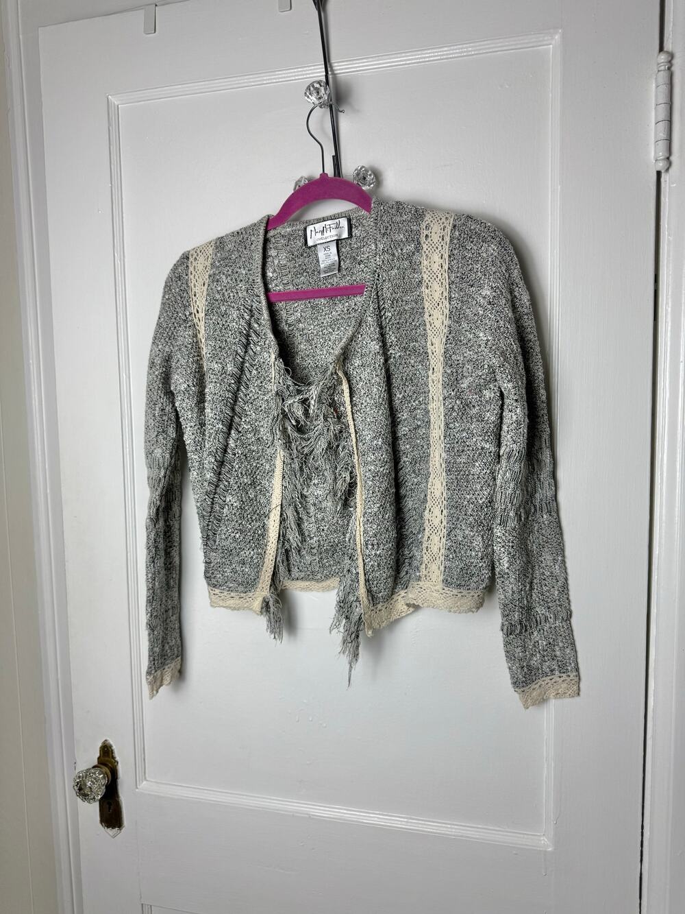 VTG Y2K Mary McFadden Gray Crochet Fringe Boho Fairycore Cardigan Sweater XS